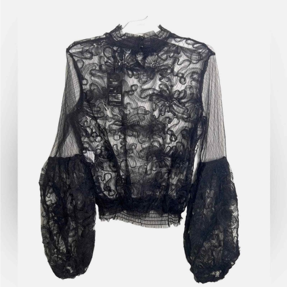 Floral whimsical Whimsigoth mesh lacebubble ballon sleeve Gothic goth blouse 2XL - Picture 2 of 7
